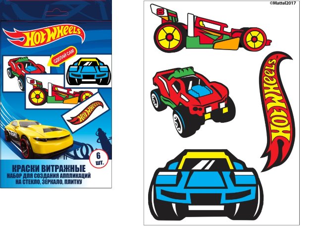 89054 Витражные краски "Hot Wheels", в наборе: шаблон-4 шт, полиэтиленовая основа -2 шт, контур - 1