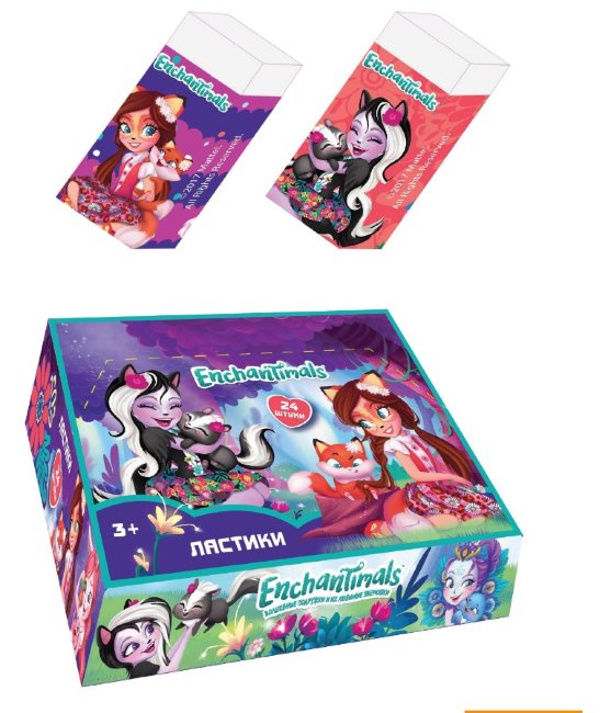 89207 Ластик "Enchantimals", размер: 56*21*10 мм, белый, прямоугольный, в дисплее 24 шт