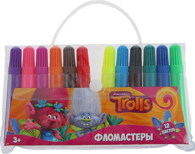87588 Фломастеры "Тролли", 12 цветов, в сумочке, на водной основе.